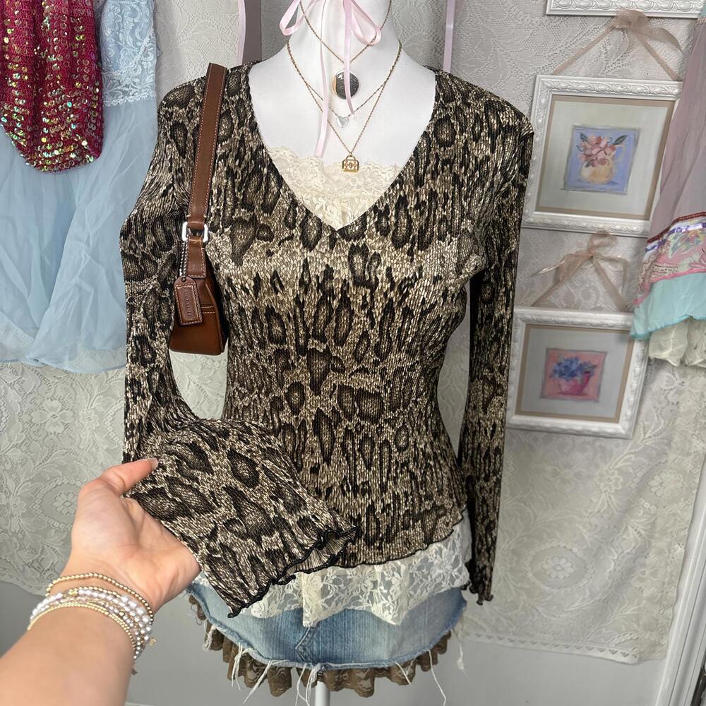 y2k‎ cheetah print ruched ruffle blouse